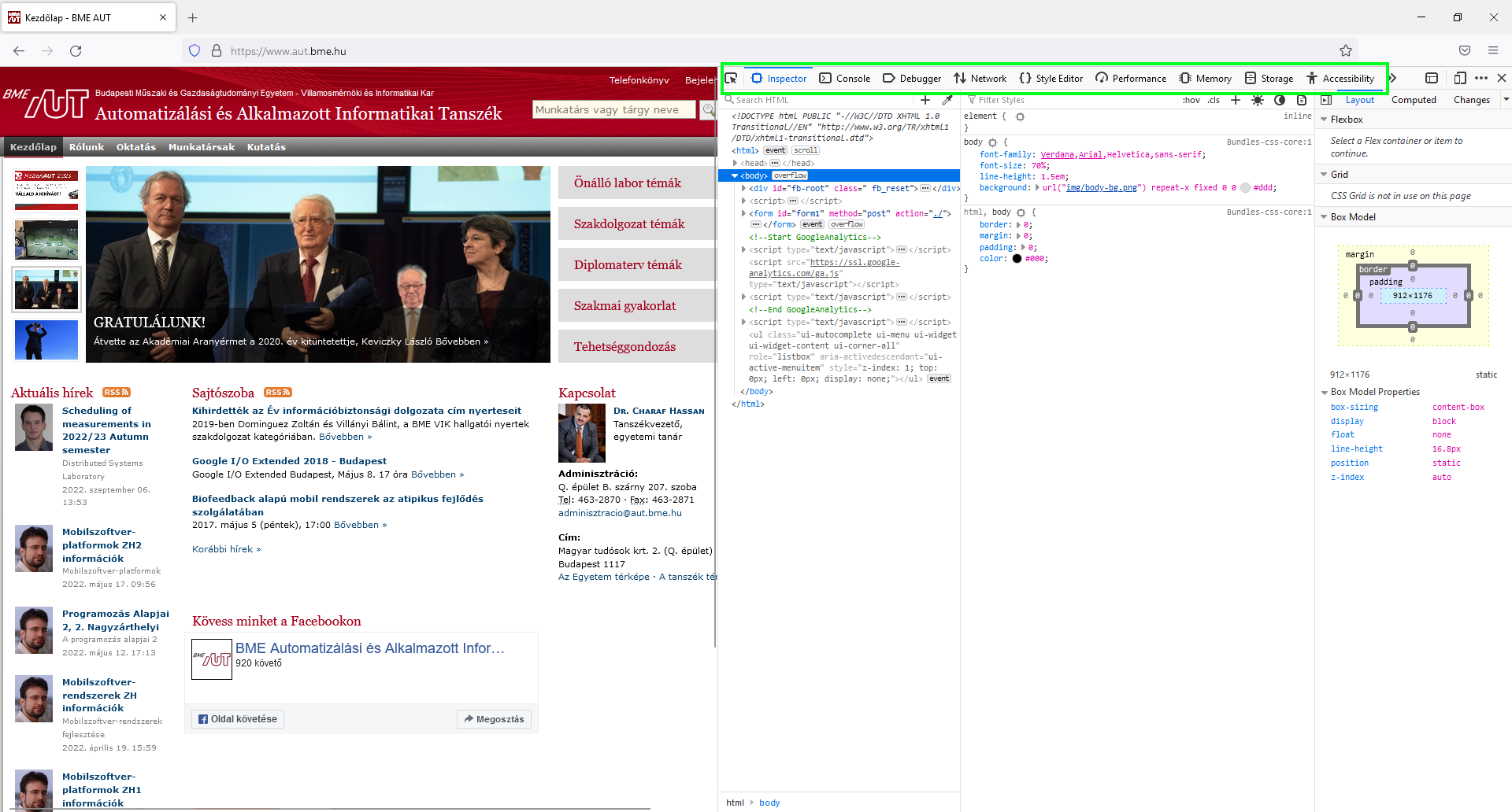 A BME AUT kezdőlapja - FireFox